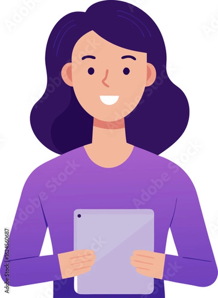 Fototapeta Smiling woman with medium-length hair and purple top holding a tablet with both hands. Flat color illustration for online learning or communication themes.