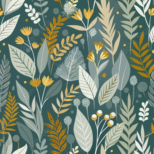 Fototapeta Wild meadow foliage in abstract gray-green form with clustered gold accents, vectorized in a smooth, seamless tiling pattern.