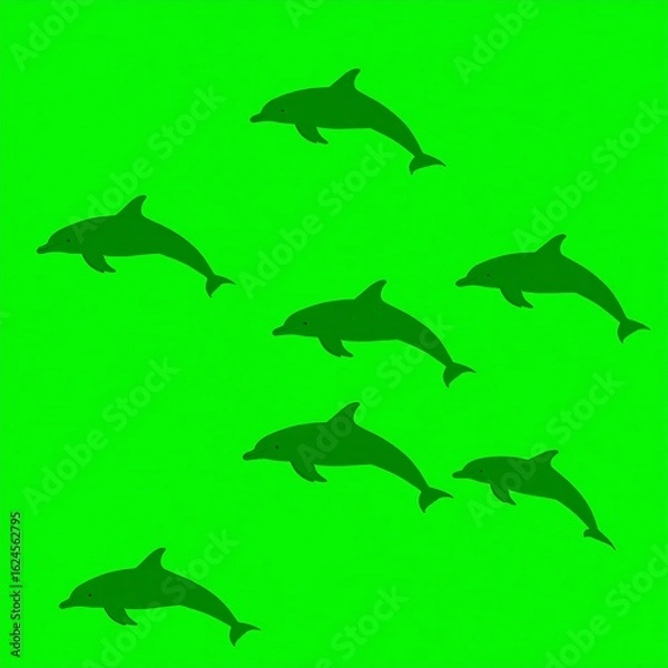 Fototapeta Seven dark dolphins leap and swim against a bright green background