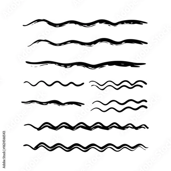 Fototapeta Set of wavy horizontal lines. Marker hand-drawn line border set and scribble design elements. Lines hand drawn paint brush stroke. Vector set isolated .