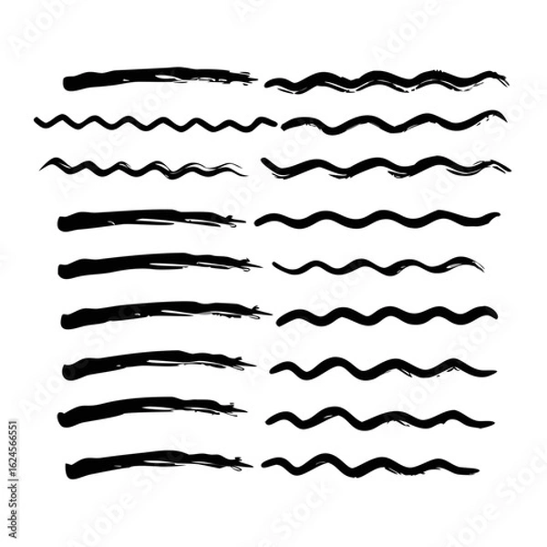 Fototapeta Set of wavy horizontal lines. Marker hand-drawn line border set and scribble design elements. Lines hand drawn paint brush stroke. Vector set isolated .