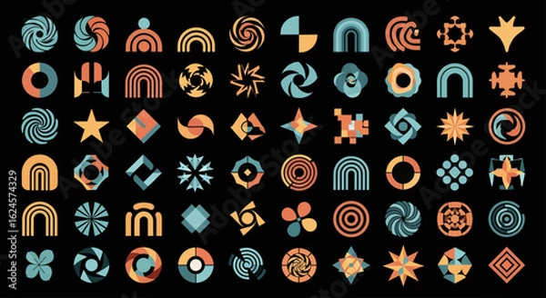 Fototapeta Modern abstract geometric shapes set. A collection of colorful vintage style icons and logo templates on a black background.