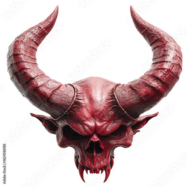 Fototapeta A crimson skull with prominent horns and sharp teeth against a solid backdrop isolated on transparent background