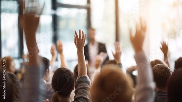 Obraz The audience actively engages with raised hands during a lively discussion.