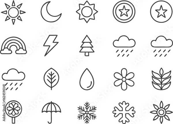 Fototapeta Collection of weather and nature icons in a grid layout moon