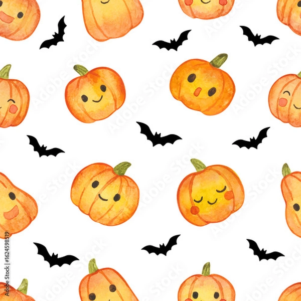 Fototapeta Seamless vector Halloween pattern with cute pumpkins and bats in watercolor style. Fun and festive design for kids, wrapping pape