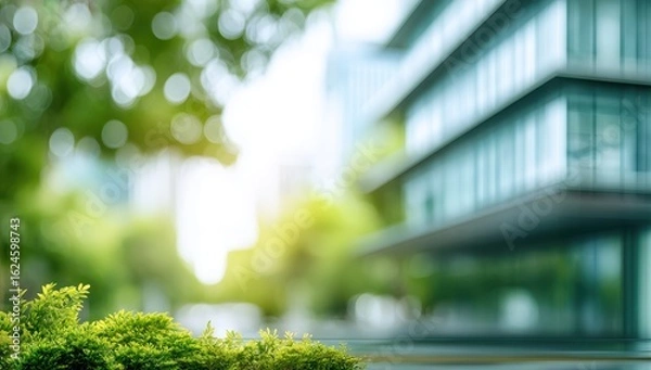 Obraz Blurry cityscape with lush greenery