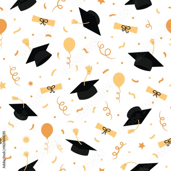Obraz Festive graduation pattern featuring caps, diplomas, balloons, and confetti on a white background, vector design