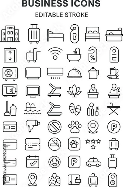 Fototapeta 60 Editable Stroke EPS Vector Icons for Hotel & Hospitality Business, Clean Outline Style