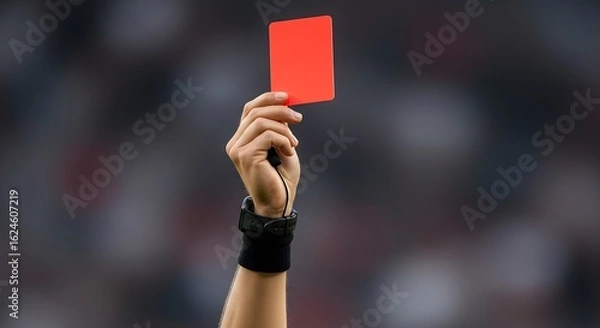 Obraz Referee's hand holding up a red card during a soccer or football match, indicating a penalty or ejection.