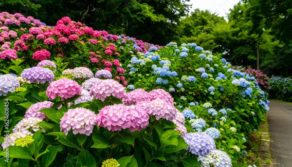 Fototapeta Vibrant Sea of Hydrangeas: A Colorful Hillside of Pink and Blue Blooms