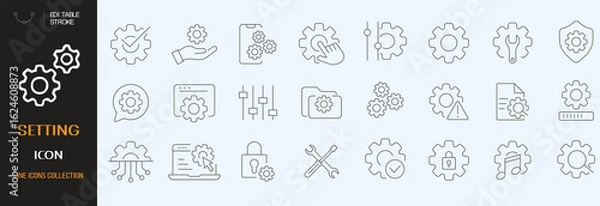 Fototapeta Settings icon set. Containing options, configuration, preferences, adjustments, gear, control panel, equalizer, management, optimization and more icons. Vector illustration. editable stroke