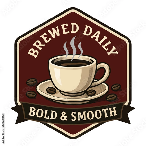 Obraz This vintage logo shows a cup of coffee, ideal for a coffee shop or cafe. Vintage vector emblem badge patch, retro design, transparent background