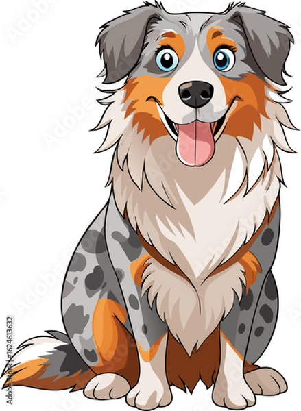 Fototapeta Cheerful Australian Shepherd with a merle coat, sitting with tongue out, detailed fur patterns in vector strokes, clean white background.