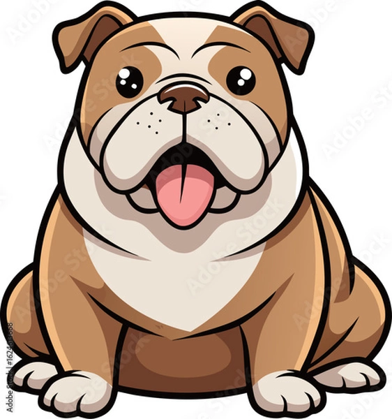 Fototapeta Chubby Bulldog sitting with tongue sticking out, droopy eyes and wrinkly face drawn in a clean vector style, isolated on white.
