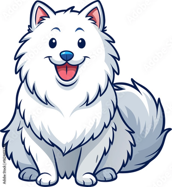 Fototapeta Fluffy Samoyed smiling with tongue out, tail curled over back, sitting in full view. Soft white fur with blue-gray outlines for clarity.
