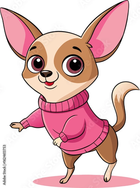 Fototapeta Lively Chihuahua in a pink sweater standing on its back legs playfully, large ears perked, isolated vector on white.