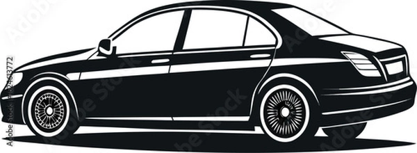 Fototapeta Luxury sedan vector silhouette with smooth curved roof and defined rear trunk, side view in bold black stroke.