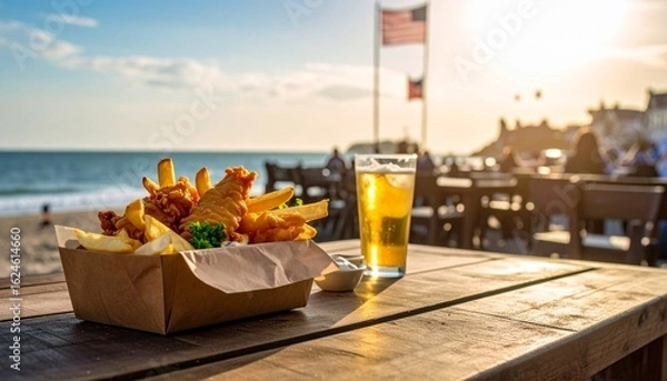 Fototapeta A close-up shot of a serving of fish and chips in a cardboard tray, placed on a wooden table at a beachside cafe. A glass of beer or cider and a dipping sauce are also on the table. The background sho