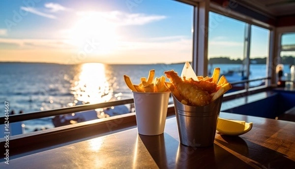 Fototapeta A close-up shot of a serving of fish and chips in a cardboard tray, placed on a wooden table at a beachside cafe. A glass of beer or cider and a dipping sauce are also on the table. The background sho