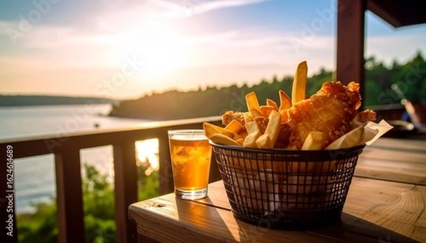Fototapeta A close-up shot of a serving of fish and chips in a cardboard tray, placed on a wooden table at a beachside cafe. A glass of beer or cider and a dipping sauce are also on the table. The background sho