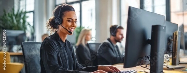 Obraz The focused woman at a call center with headset and computer.