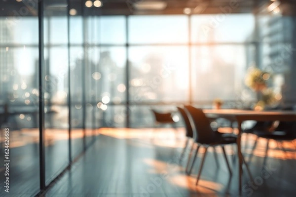 Fototapeta Blurred modern office space with city view (1)