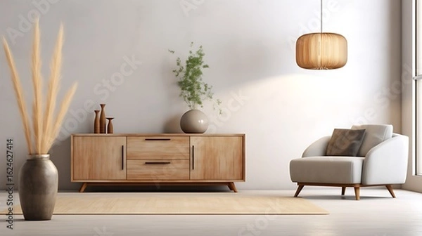 Fototapeta Modern interior design with curved sofa, minimalist pendant light, light wood coffee table, distressed vintage cabinet, pampas grass in ceramic vase, loft and vintage of living room,