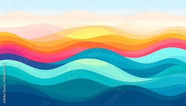 Obraz Vibrant abstract seascape illustration with colorful flowing waves. A modern, fluid depiction of an ocean sunset landscape.