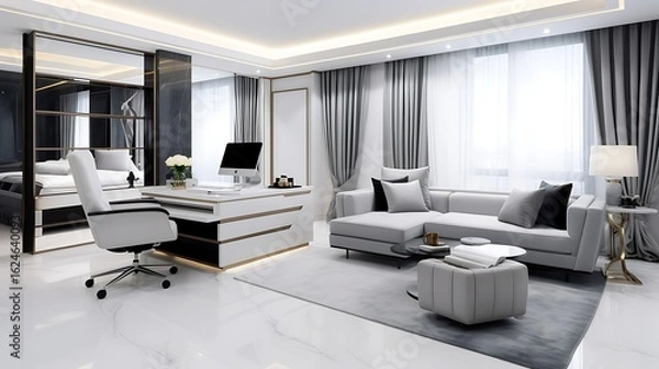 Fototapeta Luxury studio apartment interior design with L-shaped light grey fabric sofa, minimal corner desk with black office chair and glowing laptop, 3D Illustrations. 3D Rendering,