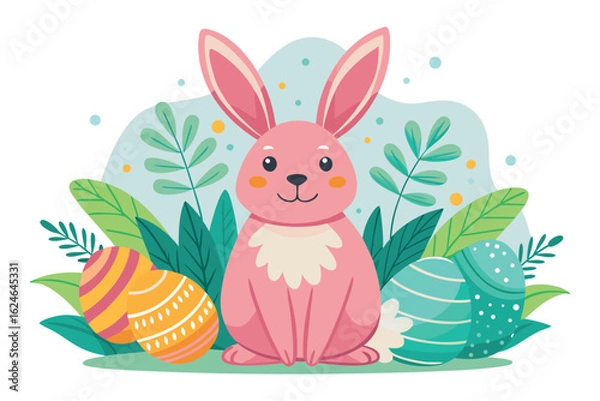 Fototapeta A pink bunny with easter eggs and leaves isolated on white background, surrounded by plants