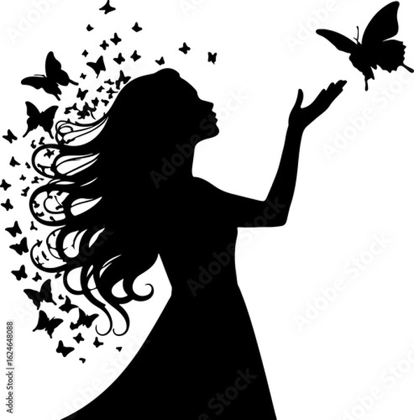 Fototapeta Mystical silhouette of a woman with her hair transforming into a swarm of butterflies, as she reaches out to a butterfly in a beautiful, enchanting moment. 