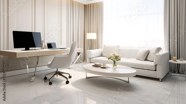 Fototapeta Luxury studio apartment interior design with plush ivory sectional sofa, minimalist wooden desk in corner with sleek chair and open silver laptop, 3D Illustrations. 3D Rendering,