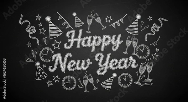Fototapeta New Year's Chalkboard Celebration: A chalkboard illustration elegantly spells out Happy New Year, surrounded by festive elements like champagne glasses, party hats, clocks, and streamers.