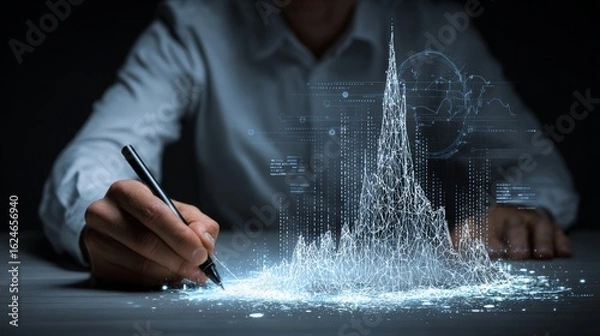 Obraz Professional creating glowing digital data visualization with pen showing statistical distribution