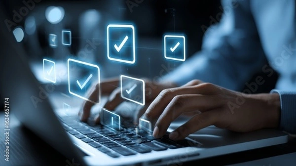 Obraz Professional typing on laptop with floating blue checkmark icons representing task completion