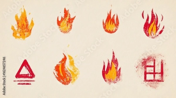Fototapeta a minimalist fire safety illustration set, featuring rough chalk-textured warning symbols and flame sketches the imperfect, crayon-like strokes create a handmade aesthetic, with each icon