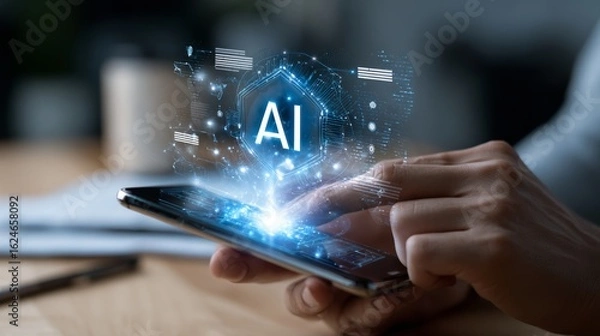 Obraz Mobile AI technology concept with smartphone displaying artificial intelligence interface