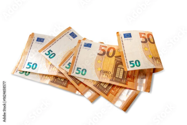 Fototapeta 50 fifty euro banknotes in top view isolated