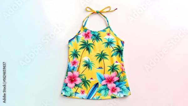 Fototapeta A yellow halter top with a tropical print of palm trees and hibiscus flowers on a white background