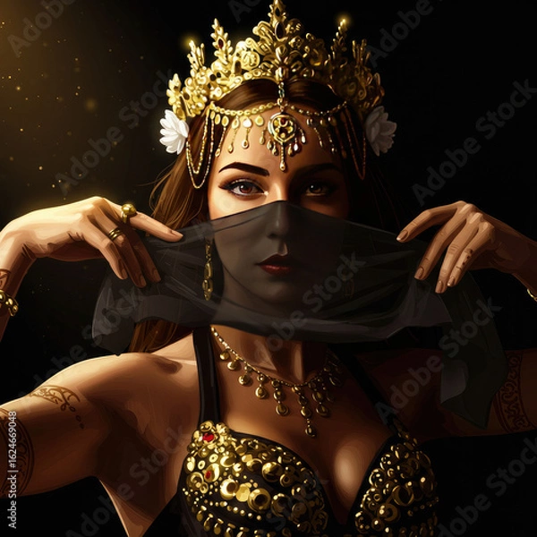 Fototapeta Cinematic Vector Design of Regal Belly Dancer with Flowing Fabric and Dark Moody Background