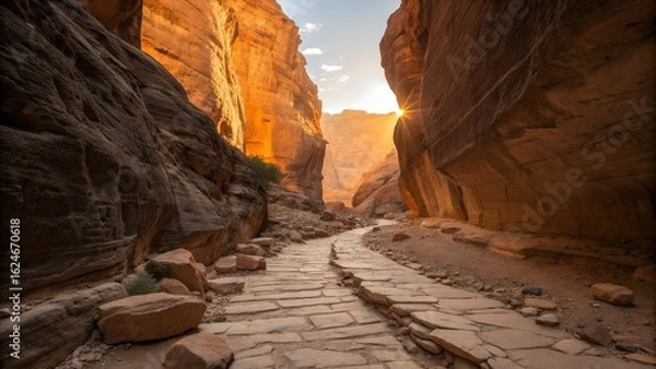 Fototapeta Golden light fills a rugged ancient stone path winding through a majestic narrow desert canyon under a bright sky.