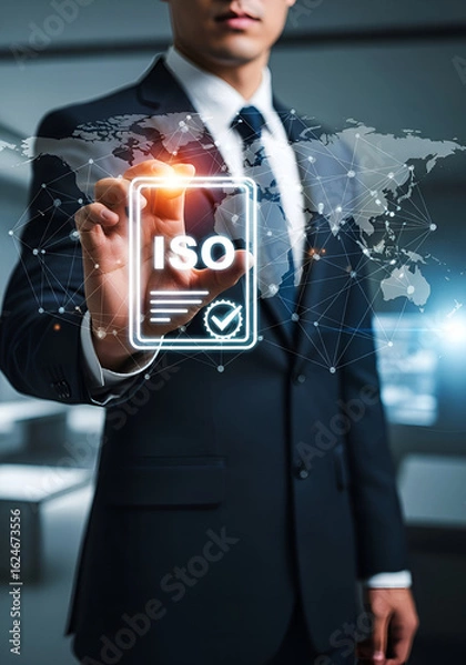 Fototapeta Businessman Touching ISO Certification Icon with Global Network and World Map Overlay