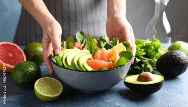 Fototapeta A close-up, mid-shot of a person wearing an apron, in a kitchen setting, carefully adding fresh ingredients to a large bowl of salad. The salad contains leafy greens, avocado slices, and cherry tomato