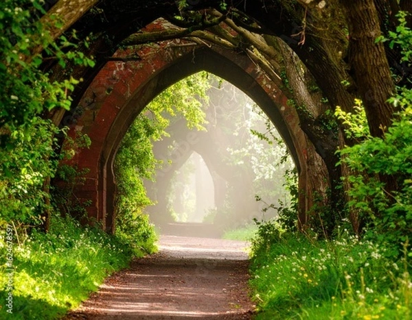 Obraz Ancient arched pathway through a misty forest