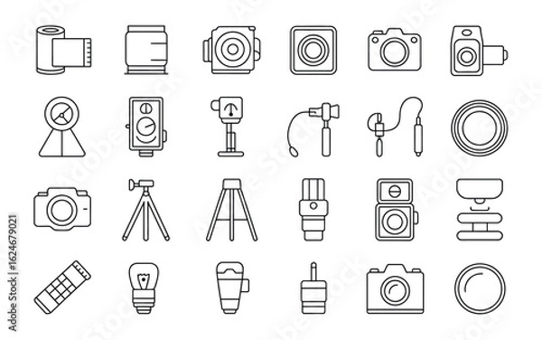 Fototapeta Photography Equipment Line Icons Vector Set: Camera, Lens & Studio Gear Outline Collection for Photo Shoots