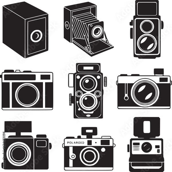 Fototapeta Vector art of collection of vintage cameras isolated on white background, showcasing retro photography equipment and classic photographic style