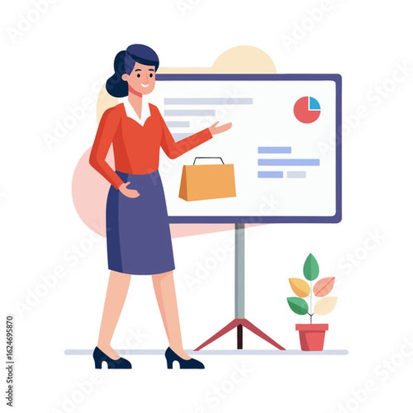 Fototapeta Professional Woman Giving Business Presentation with Charts on Screen – Vector Illustration for Office, Seminar, Workshop, or Webinar Concept