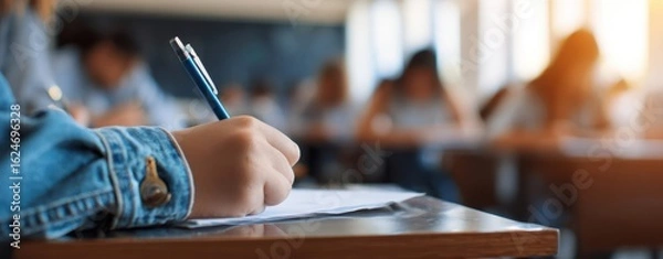 Obraz The student writing notes during an exam in a classroom setting.