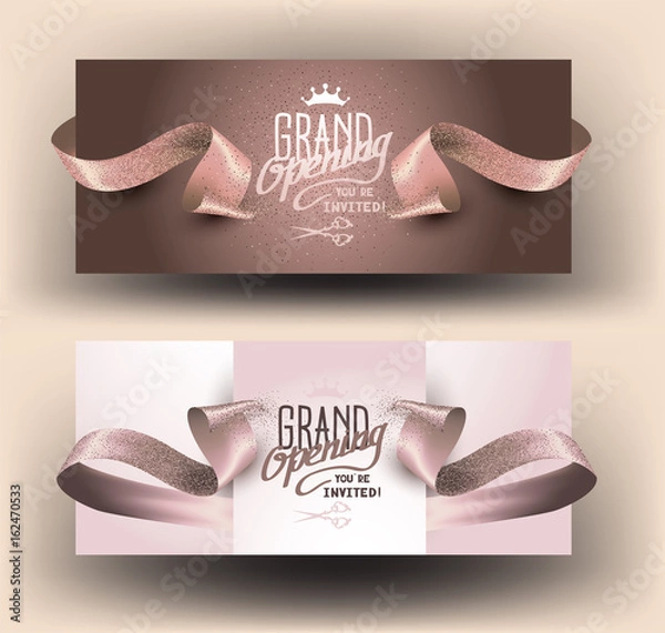 Fototapeta Grand opening beige banners with curly cut ribbons. Vector illustration